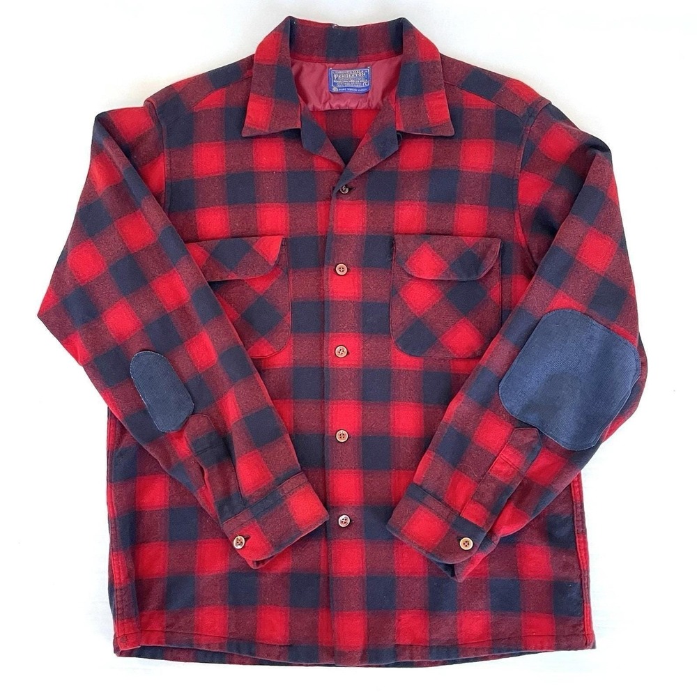 Vintage 60s Pendleton Board Shirt Mens L Red Navy Wool Plaid Loop Collar